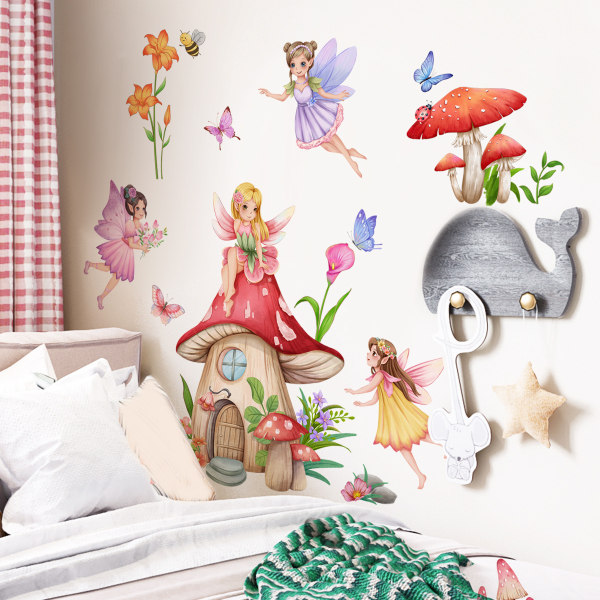 Dekal Fairy Mushroom Veggklistremerke Butterfly Fairy Flower Wall Deca