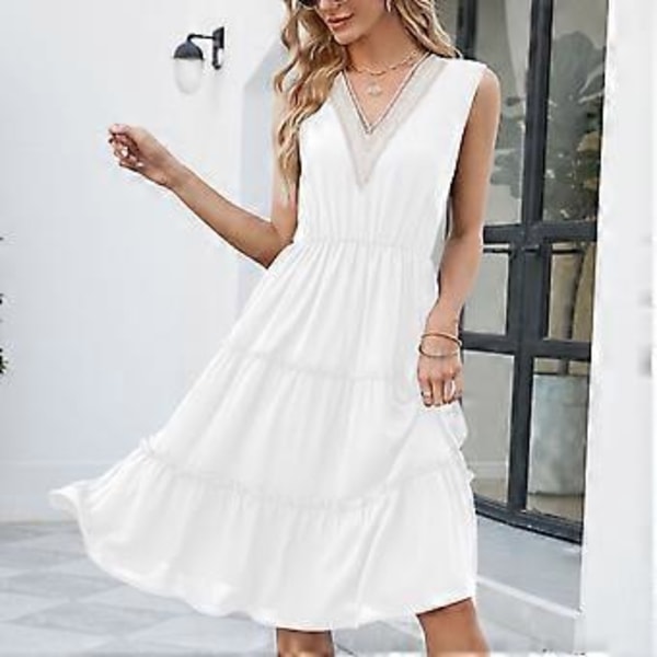 Sommer Daglig Elegant Kjole Ensfarvet Midi Kjoler Flydende Kant Ærmeløs Afslappet Ferie Stil Outfits til Kvinder Afslappet rosenrød M rose Red M