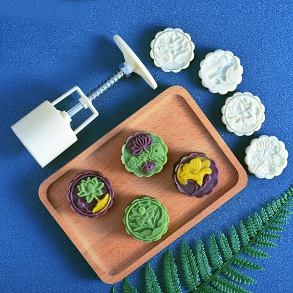 Vit - Mooncake-form med 4 kakstämplar kakstämpel bakning
