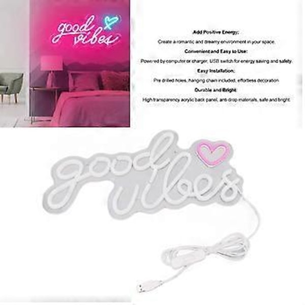 Neonkyltti Good Vibes LED-valo Akryyli USB-virtalähde Seinälle ripustettava neonseinäkoriste baariin, juhliin, häihin, makuuhuoneeseen