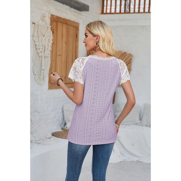 Dame Kort Erme Bluse V-hals Blondekant Ren Farge Moderne Pustende For Sommer (MPurple) Purple M