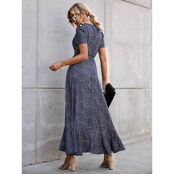 Sommerkjole for kvinner, Casual Boho Blomster V-hals Kort Erme Maxi Wrap Kjole