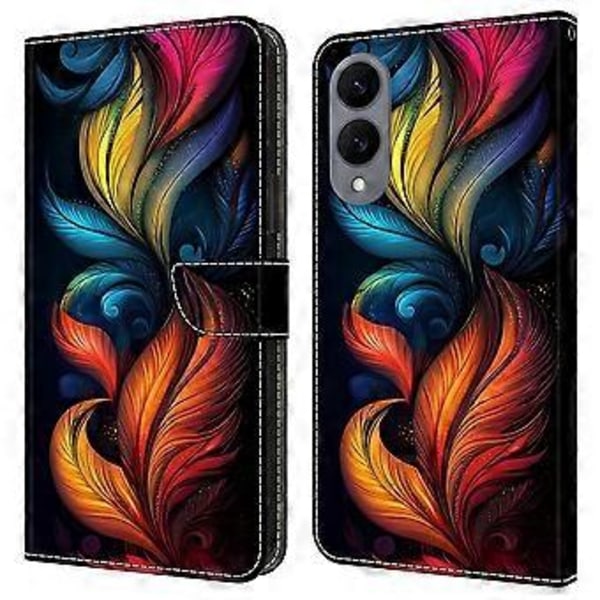 Læderetui med mønstertryk, pung, stativ og flip-cover til Samsung Galaxy S25 Edge Colorful Feathers
