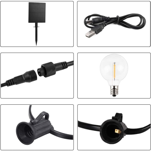 Solcelledrevne udendørs lyskæder - 25 fod - 25 G40 LED-pærer - USB S