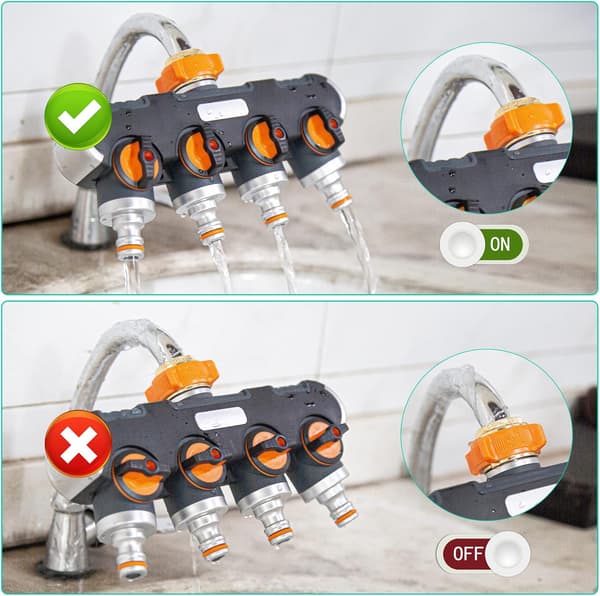 4-vejs fordeler: 3/4\" og 1/2\" splittere med haneadapter, h