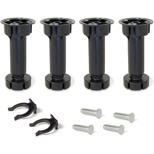 Set med 4 justerbara ben i plast, svart, 100 mm med tillbehör f