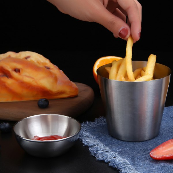 350 ml pommes frites kop, holdbar, rustfrit stål pommes frites kop, til servering af pommes frites, løgringe, tater tots eller grøntsager - Restaurantware（sølv）3-pak