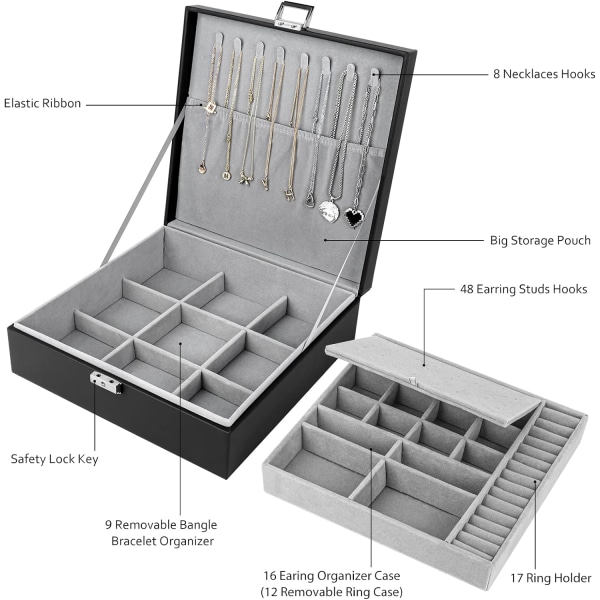 Jente smykkeskrin, 2 etasjers reisesmykkeboks, medium PU-skinn J