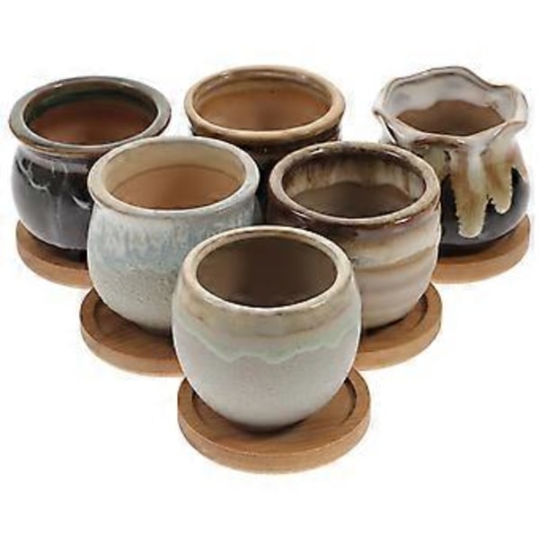 6 stk. Polerede sukkulentepotter Keramiske plantepotter Små sukkulenteplantepotter med rund bambusbakke