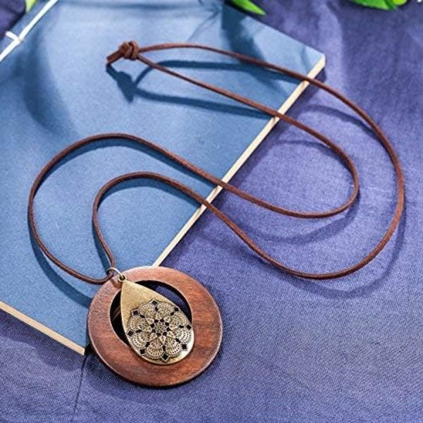Naisten riipuskaulakoru, puinen, käsintehty koru, pitkä köysipaita