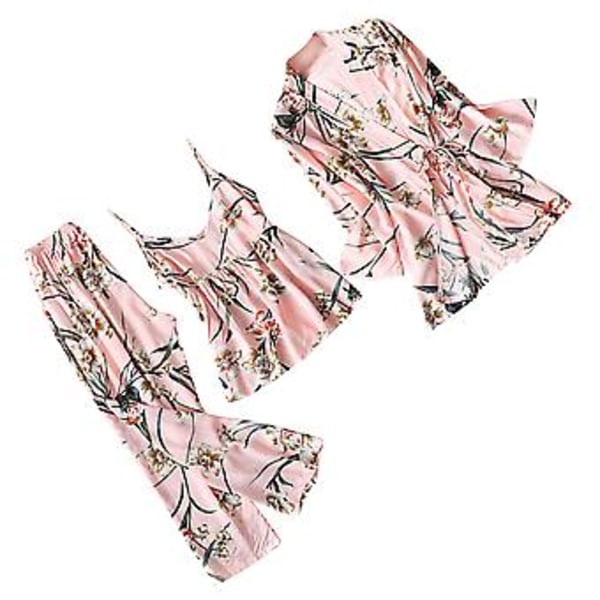 3 st/1 set Sexiga Dam Pyjamas Sovkläder Klänning Morgonrock Byxor Toppar Shorts Set Stilfulla Hemmakläder Rosa (storlek Xl)