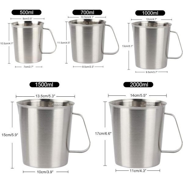 (Silver-Stainless-1500ml) Mätbägare i rostfritt stål 304