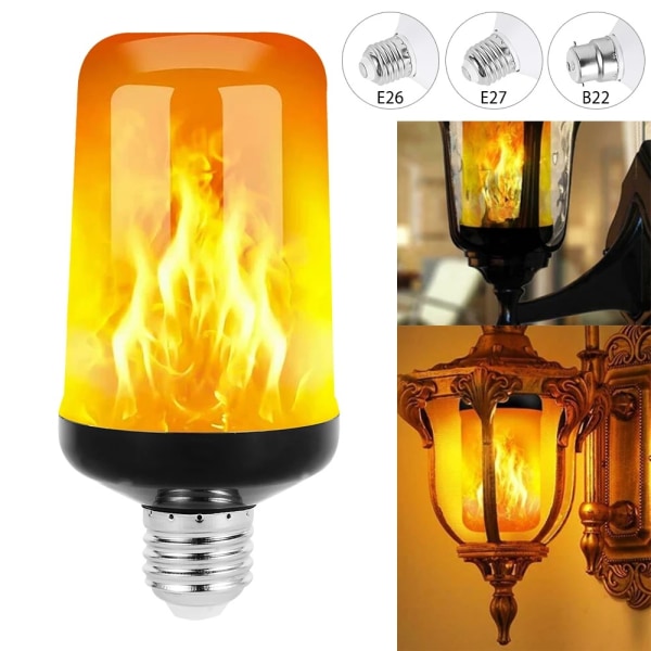2 stycken, E27 LED-lampa med flam-effekt och 4 ljuslägen, gul