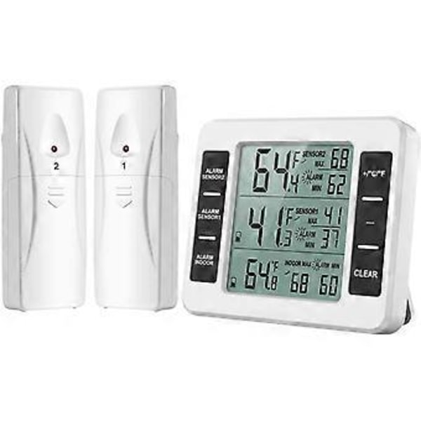 Køleskabstermometer, trådløst digitalt frysetermometer med 2 trådløse sensorer, temperatur, lydalarm, min. og maks. display, LCD-display f