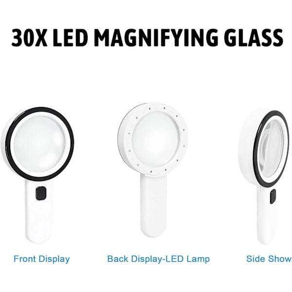 Læseforstørrelsesglas, 30x forstørrelse med 12 LED-lys - Lighte