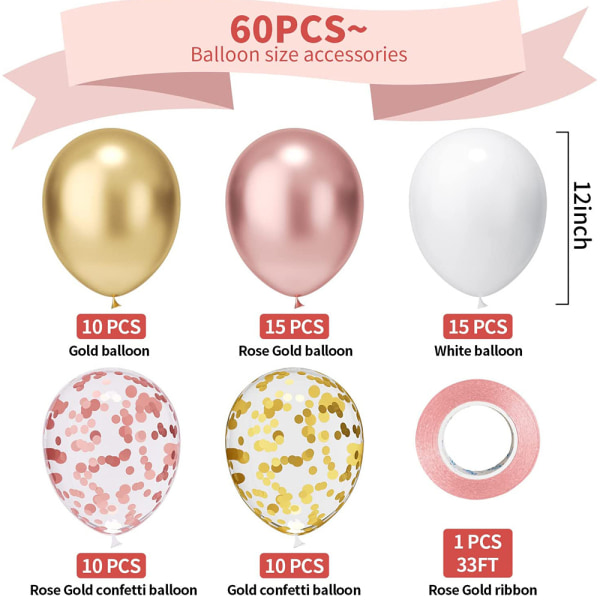 60 balloner i pink, hvid og guld, 12 tommer pink perle hvid met