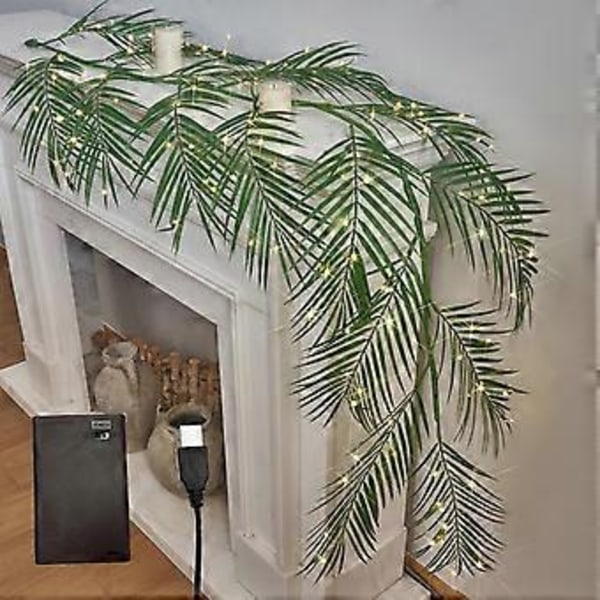 Belyst Palm Garland Timer 180 cm 120 LED-lampor Batteridriven Konstgjord Med Lampor För Sommar Julbord Öppen Spis