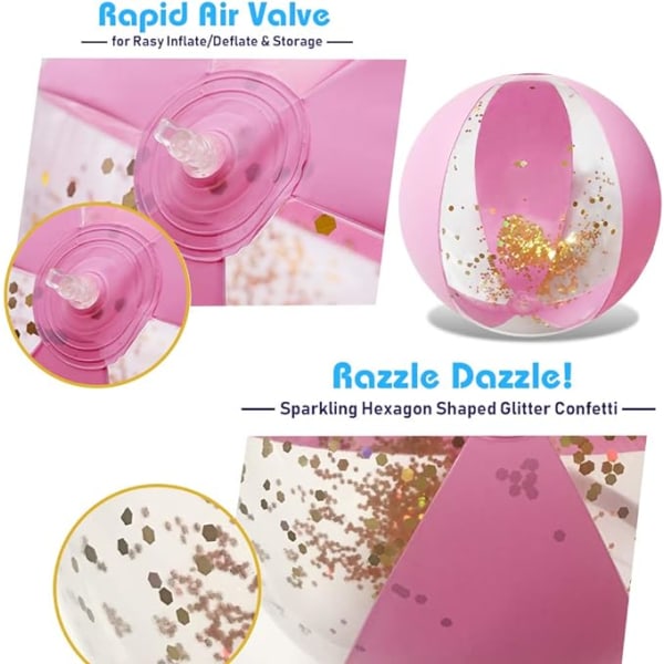 Uppblåsbar glitterstrandboll 16\" tillbehör konfetti rosa