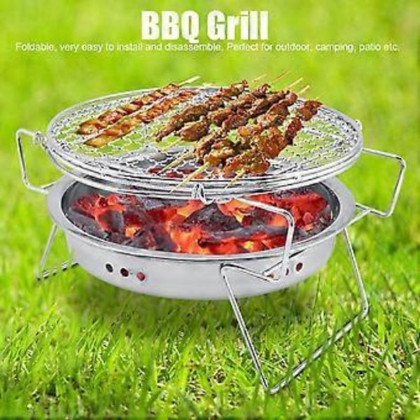 Mini BBQ Grill i rustfrit stål, sammenklappelig, bærbar, rund grillovn til udendørs camping og terrasse