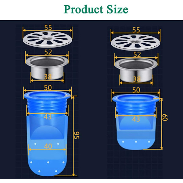 (60mm) Justerbar Tilbagestrømsforebyggelse, 2 Pakke Silikone Gulvafløb