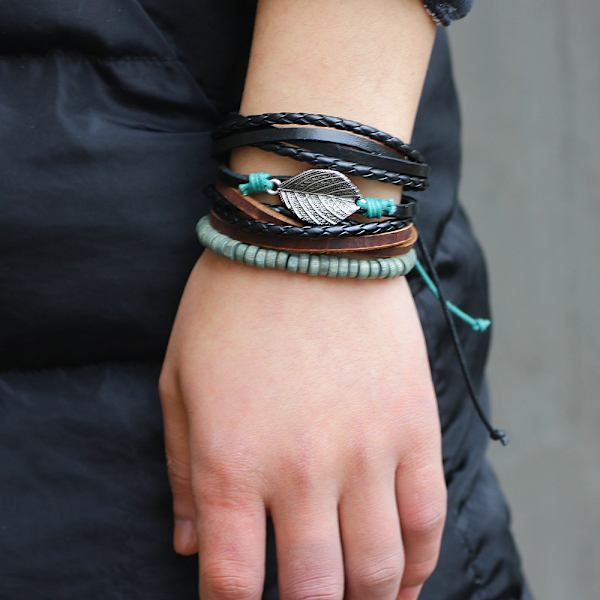 Herrar Armband Set Läder Flätad Pärlor Pack Justerbar