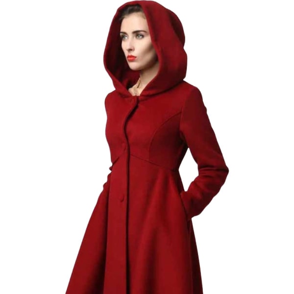 Enkelknäppt ullkappa för kvinnor, röd swinghuvkappa, varma vinterytterkläder, ullkappa med luva, julkappa.L.