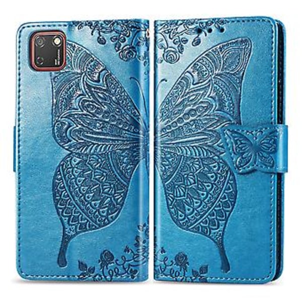 För Huawei Y5P 2020 Fjäril Kärlek Blomma Präglat Horisontellt Flip Läderfodral med Ställ / Kortplats / Plånbok / Snodd Blue