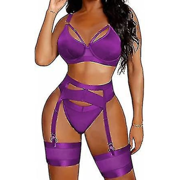 Seksikäs alusvaatesetti naisille, 4-osainen rintaliivit ja pikkuhousut sukkanauhaliivillä, olkaimellinen alusvaatesetti reisikoruilla.XXL.violetti Purple 2XL