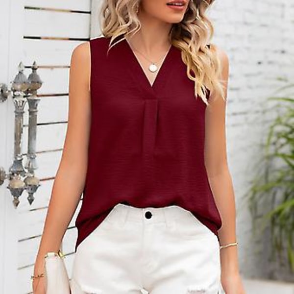 Dame Ærmeløs Top V-hals Ensfarvet Løs Stil Åndbar Moderigtig Sommer Tanktop (XXLVinrød) Wine Red XXL