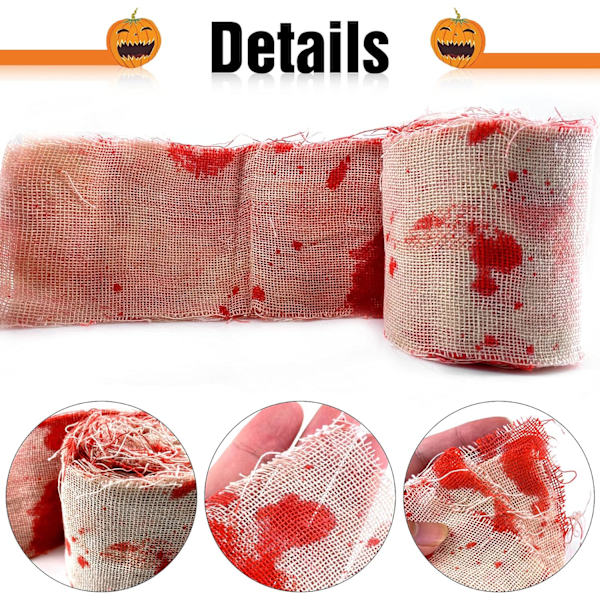 Halloween Fright Tape Bundle, 1 stk Blodig Spøkelseshus Gasbind Skummel Skummel Stoff Draperi Klede Rom Vindu Vegg Dør Deksel, Blodige Klamrer og Advarselstape（8CM*5M）