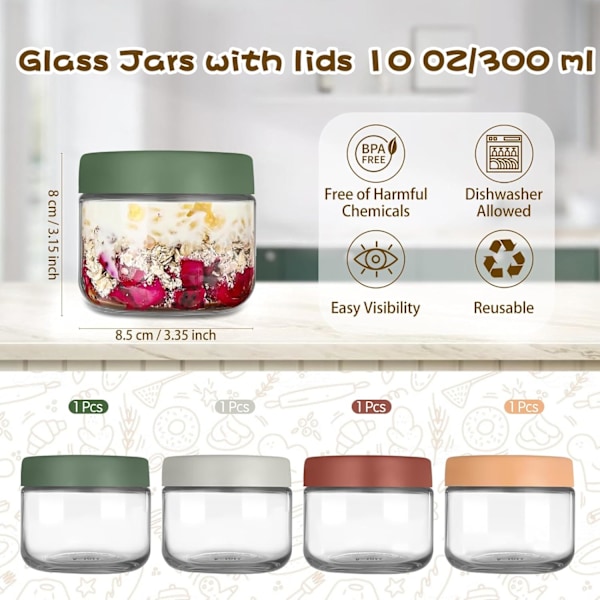 4-pack 300 ml glasburkar för overnight oats med glaslock, lämpliga för overnight oat-sallad, frukt-yoghurtpudding, med tättslutande skruvlock