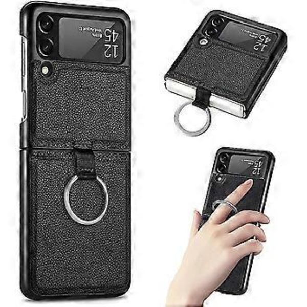 Designat för Samsung Galaxy Z Flip 3 Skal med Ring, Slimmad Tunn PU Läder Stötsäkert Telefonskal, Z Flip 3 5G Skyddsskal med Rem (2021) (Svart)