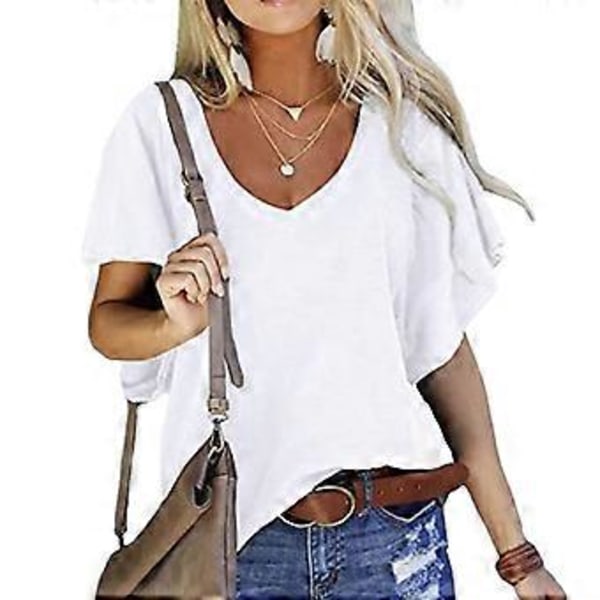 Hvit M Volangermet Bluse V-hals Ensfarget Casual Bluse Skjorte Topp for Kvinner Sommer Date