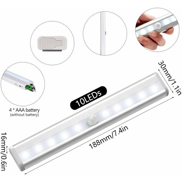 Set med 3 LED-rörelsesensor inomhusljus skåpsljus 10 LED-lampor w
