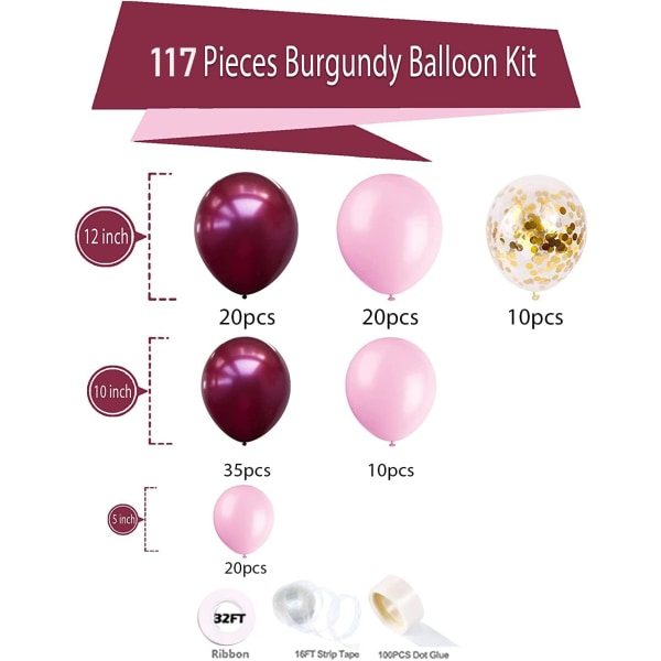 117 stk Burgund rosa ballongbue-kranssett, Burgund rosa gull