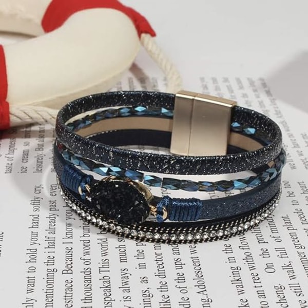 Nahkainen kääre rannekoru Boho Cuff rannekorut Kristallihelmi rannekoru