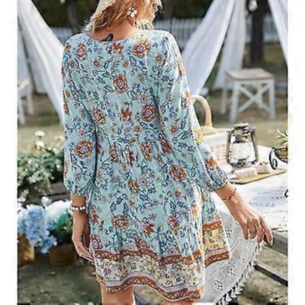 V-hals Blomsterprint Kjole Elegant Løs Talje Splejset Kant Elastisk Flæsemanchet Kvaster Bindekjole til Dating