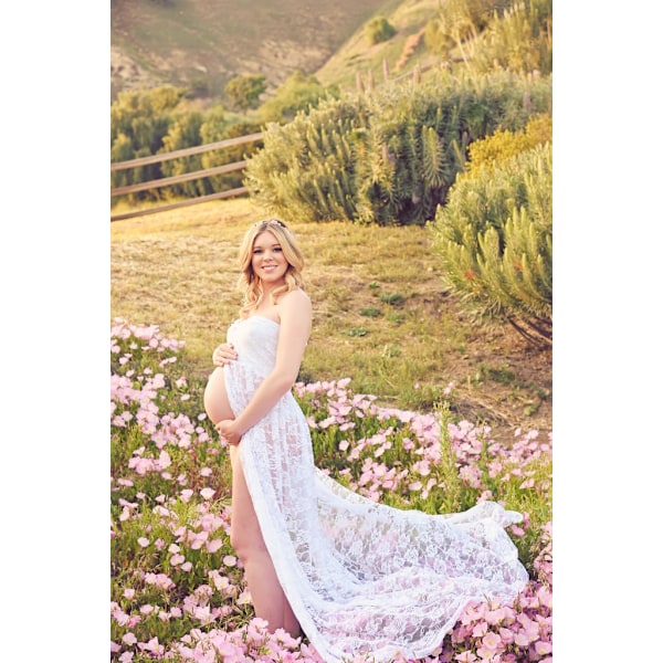 Maternity Kjole Fotografering Rekvisita Blonder Stretchy Graviditet Lang Kjole for Gravide Kvinner for Fotografering Maternity Permisjon HVIT L