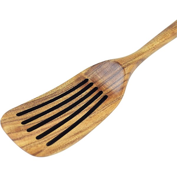Trespansteke med hull i tre for matlaging, naturlig teak langt håndtak, håndlaget
