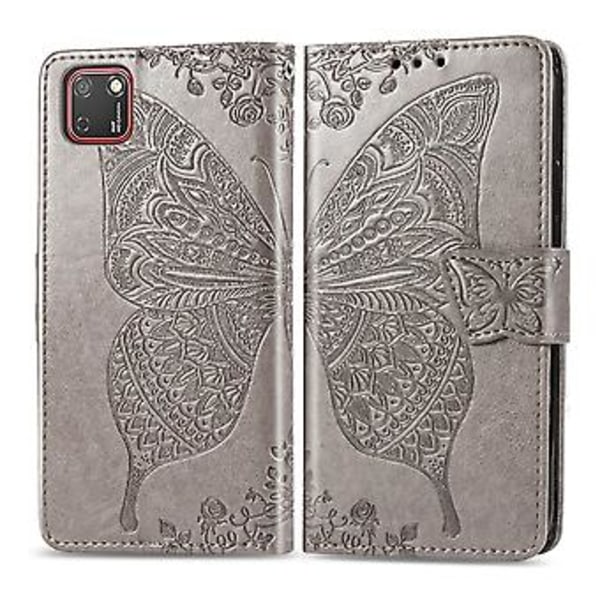 För Huawei Y5P 2020 Fjäril Kärlek Blomma Präglat Horisontellt Flip Läderfodral med Ställ / Kortplats / Plånbok / Snodd Gray