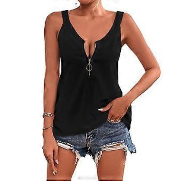 Tanktopp for kvinner med glidelås, ensfarget, moteriktig, ermeløs skjorte for sommerbruk, svart M