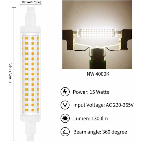 R7S LED Pære 118mm Dæmpbar, 10W Ækvivalent Halogen Pære 100W, Var