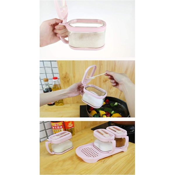 (Pink farve) 3 stk./sæt med bakke  Transparent glas krydderiglas