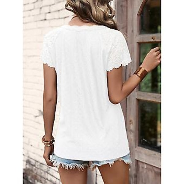 Kortärmad blus för damer, V-ringning, spetskant, enfärgad, moderiktig, andningsbar för sommaren (XLVit) White XL