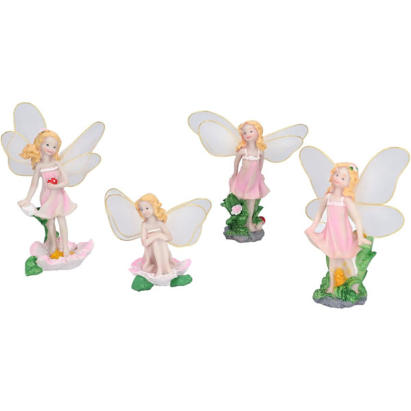4 blomsterfe-statuer, miniature havefigurer til udendørs brug