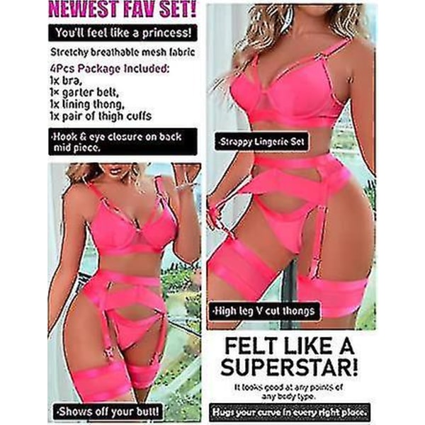 Sexy undertøyssett for kvinner, 4-delt BH- og trusesett med strømpebelte, stroppeundertøyssett med lårstropper. XL. Rosa Pink XL