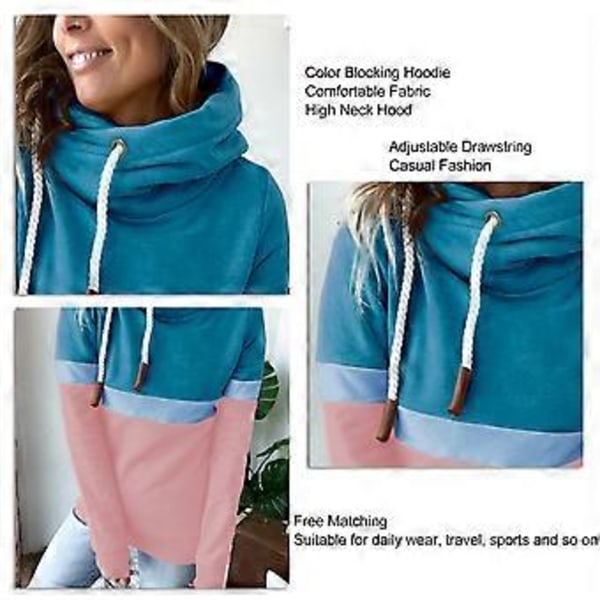Dame Hættetrøjer Ensfarvet Farveblok Turtleneck Hættetrøje Dame Casual Hættetrøje til Efterår Vinter Søblå og Pink L