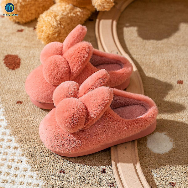 Barn Hem Bomullstofflor Kanin Halkfria Inomhus Varma Vinter Fluffiga Tofflor Rosa Flick Skor Tofflor Barn Miaoyoutong..