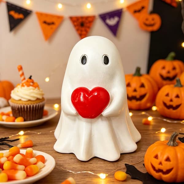 Halloween Spøgelsesfigur, Hjerteformet Spøgelse, Indendørs og Udendørs Halloweenpynt, Borddekorationer