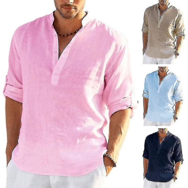 Langærmet linnedskjorte til mænd, afslappet skjorte i bomuld og linned, S-5xl top, helt ny.M.Pink Pink M